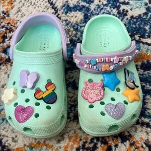 CROCS Kids Mint Green Clogs with Purple Strap and Charms